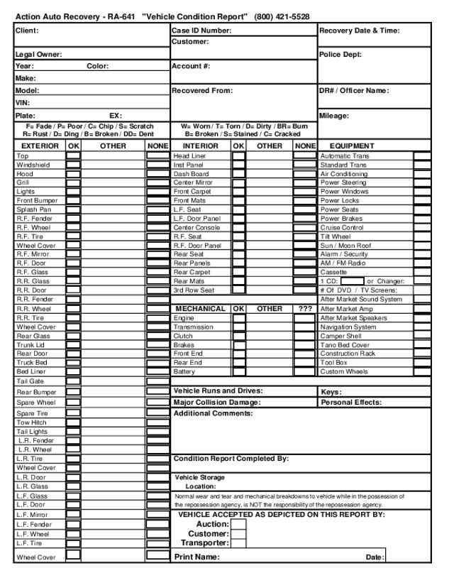 Vehicle Condition Report Sample Form