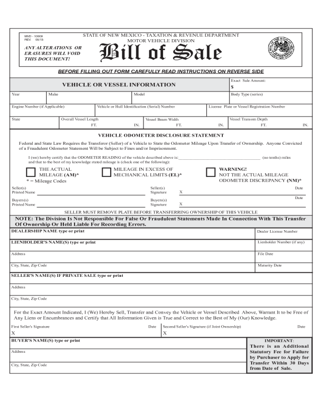 Vehicle or Vessel Bill of Sale Form - New Mexico