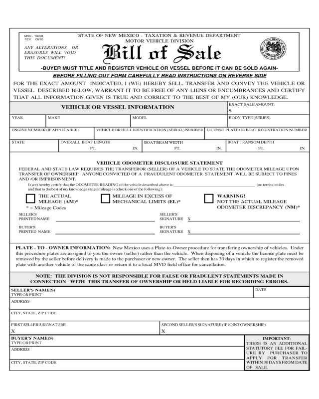Vehicle or Vessel Bill of Sale Sample Form - New Mexico