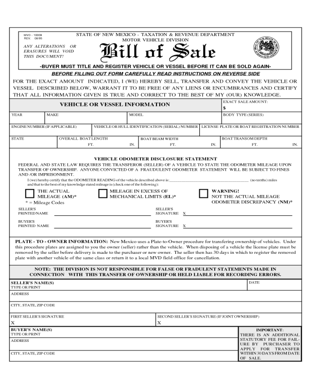 New Mexico Vehicle Bill Of Sale Printable 0076