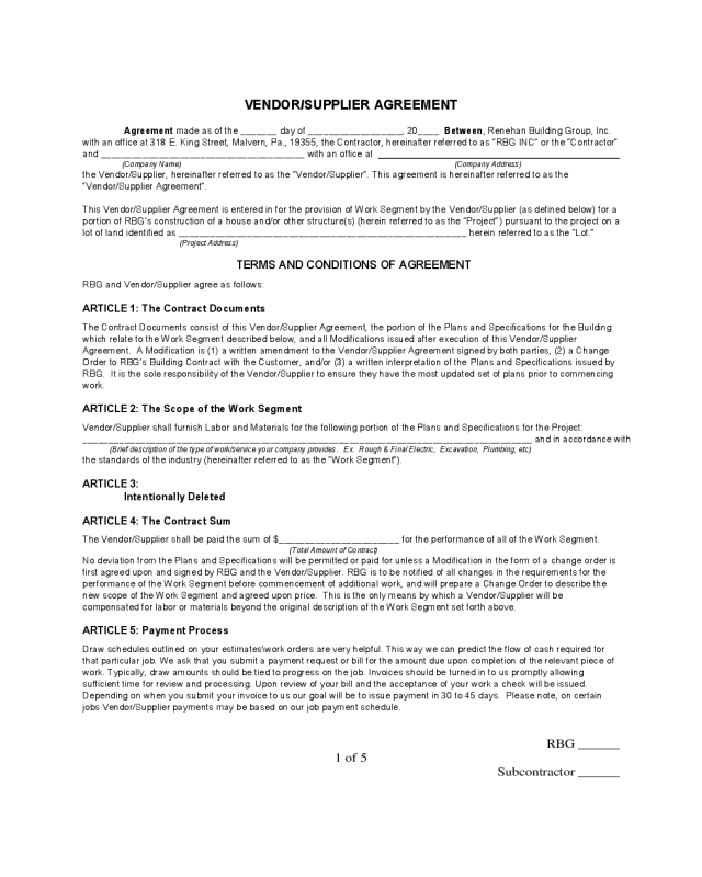 Vendor/Supplier Agreement