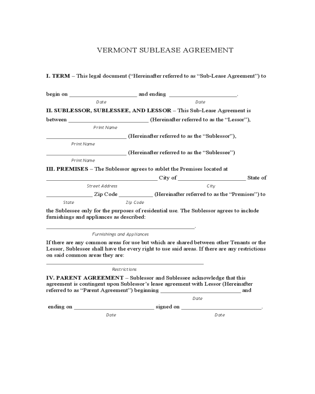 Vermont Sublease Agreement Form