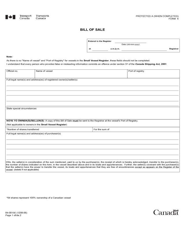 Vessel Bill Of Sale Form Canada Edit Fill Sign Online Handypdf