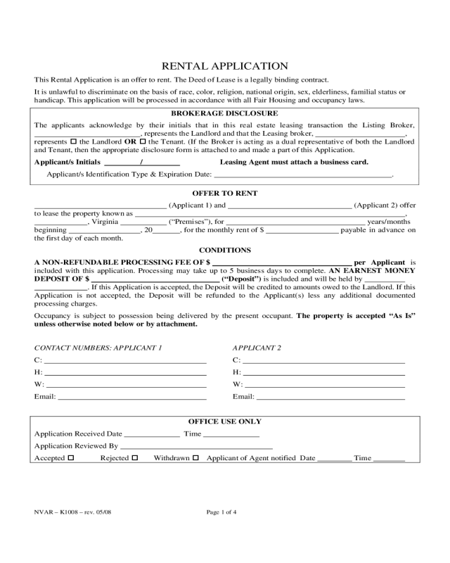 Rental Application Form Virginia