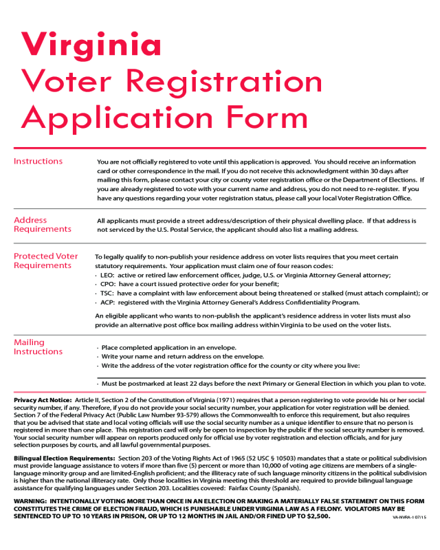 Virginia Voter Registration Application Form - Virginia