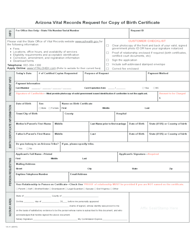 Vital Records Request for Copy of Birth Certificate - Arizona