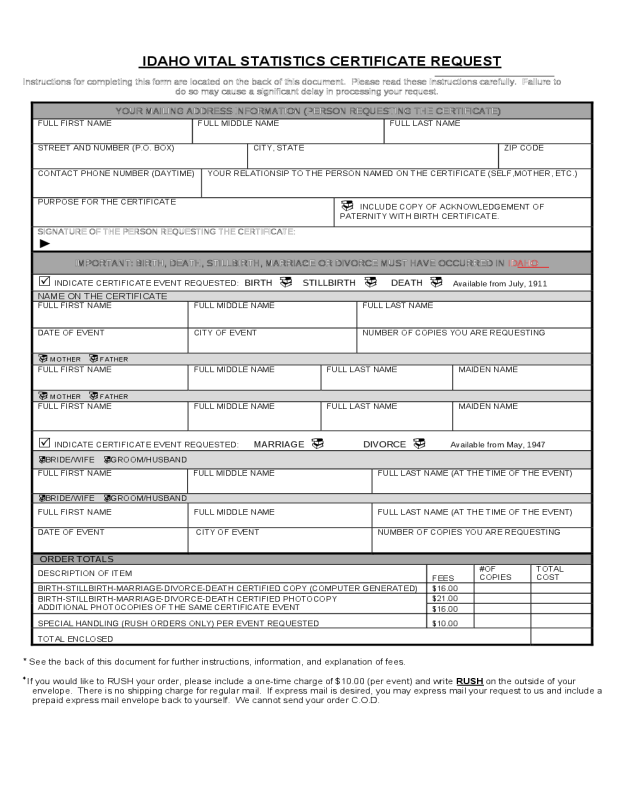 Vital Statistics Certificate Request Form - Idaho