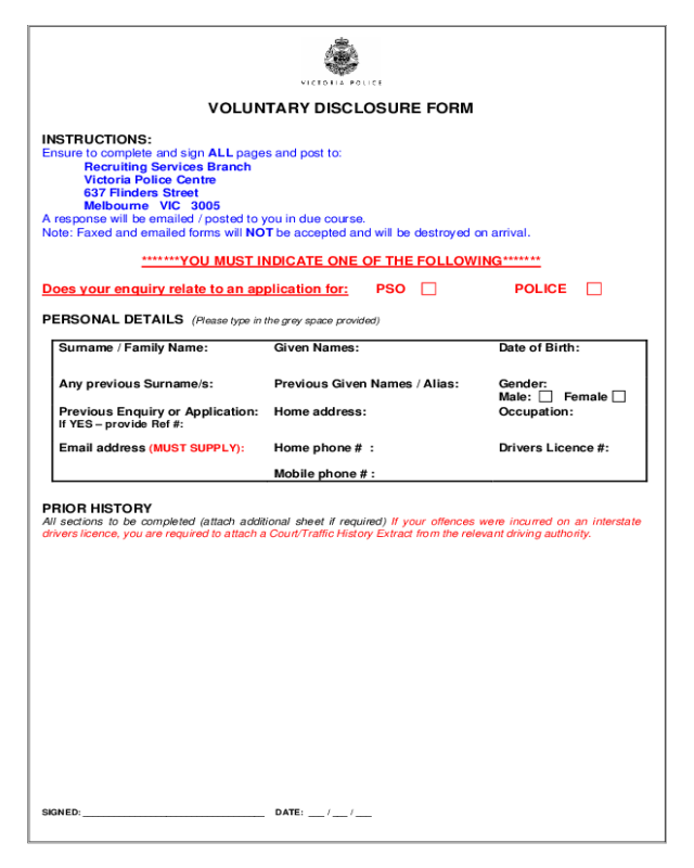 Voluntary Disclosure Form - Victoria Police