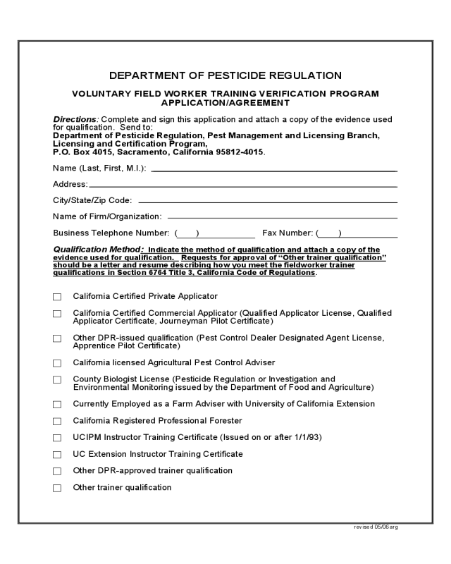 Voluntary Field Worker Training Verification Program Application / Agreement - California