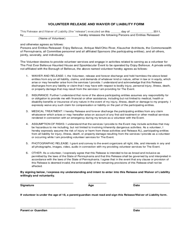 Volunteer Waiver and Release of Liability Sample Form