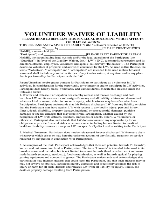 2024 Volunteer Waiver and Release Form Fillable, Printable PDF