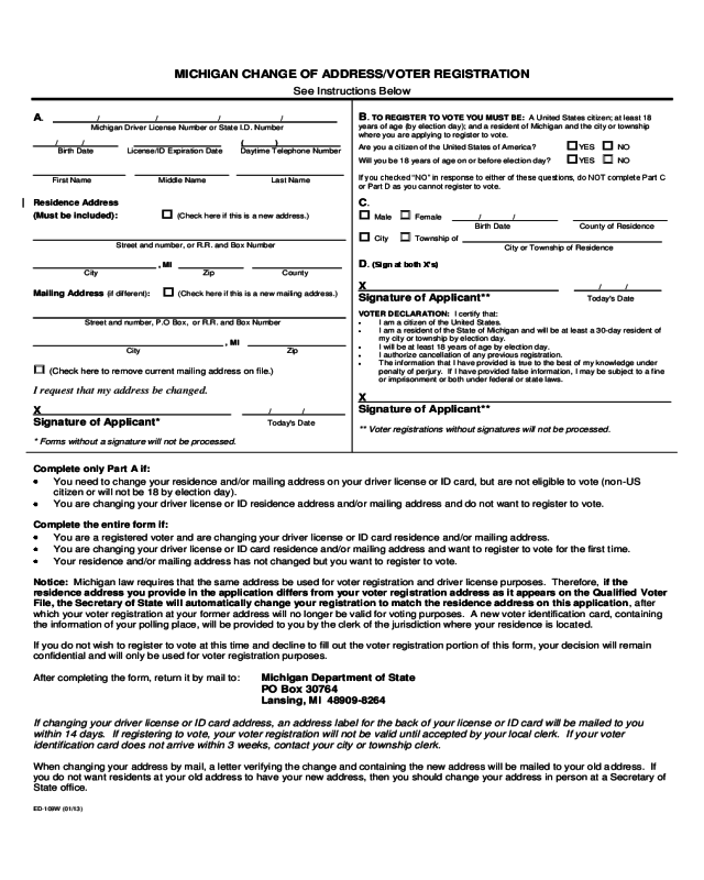 Voter ID Address Change Form - Michigan