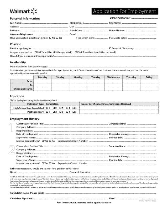 Walmart Application Form