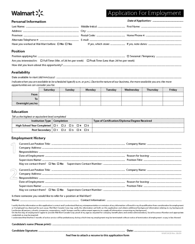 Printable Job Application For Walmart 8859