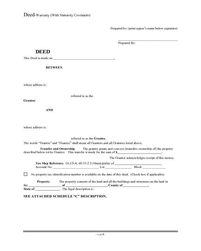 Warrantty Deed with Statutory Covenants - New Jersey