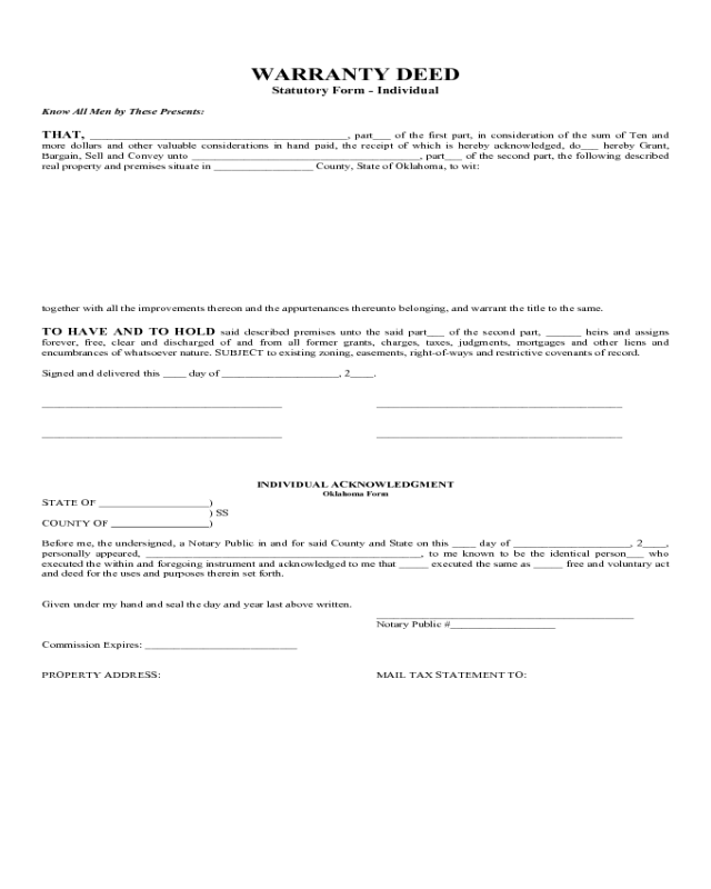 Warranty Deed Statutory Form - Oklahoma