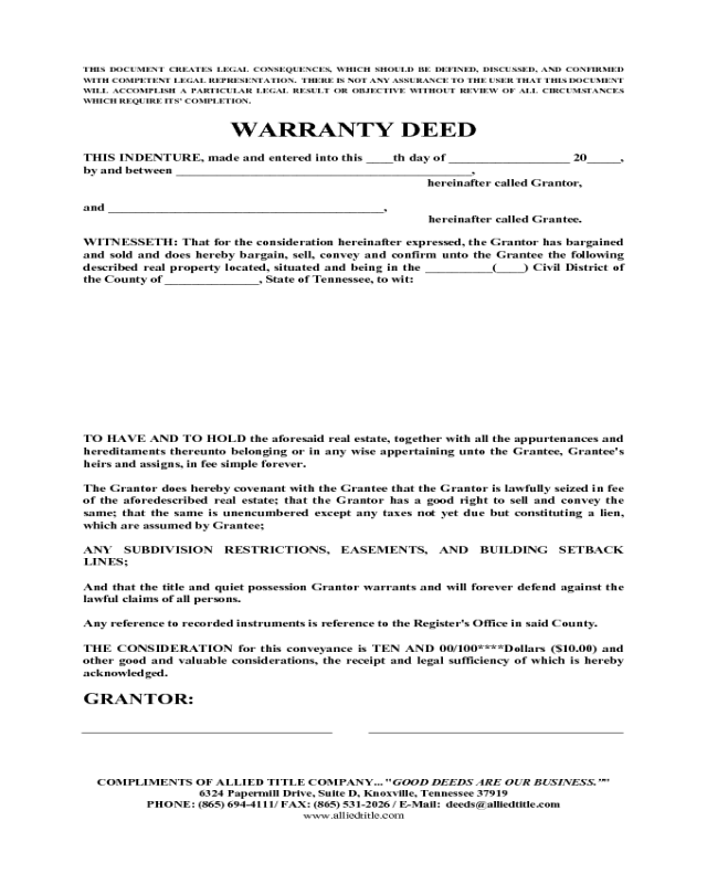 Warranty Deed - Tennessee