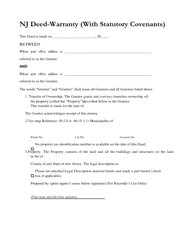 Warranty Deed with Statutory Covenants - New Jersey