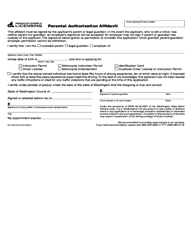 Washington Parental Authorization Affidavit