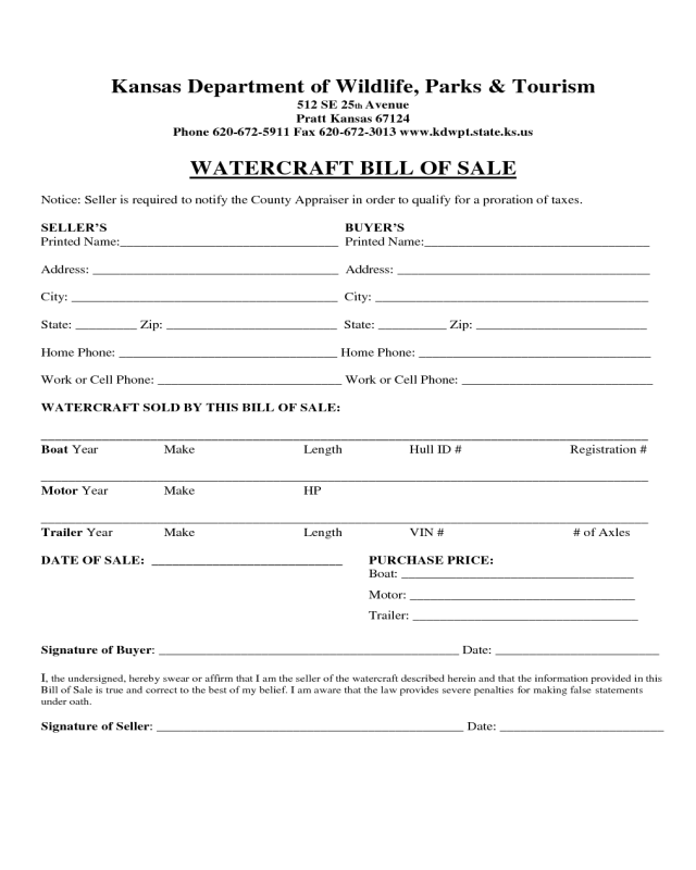 Watercraft Bill of Sale Form - Kansas