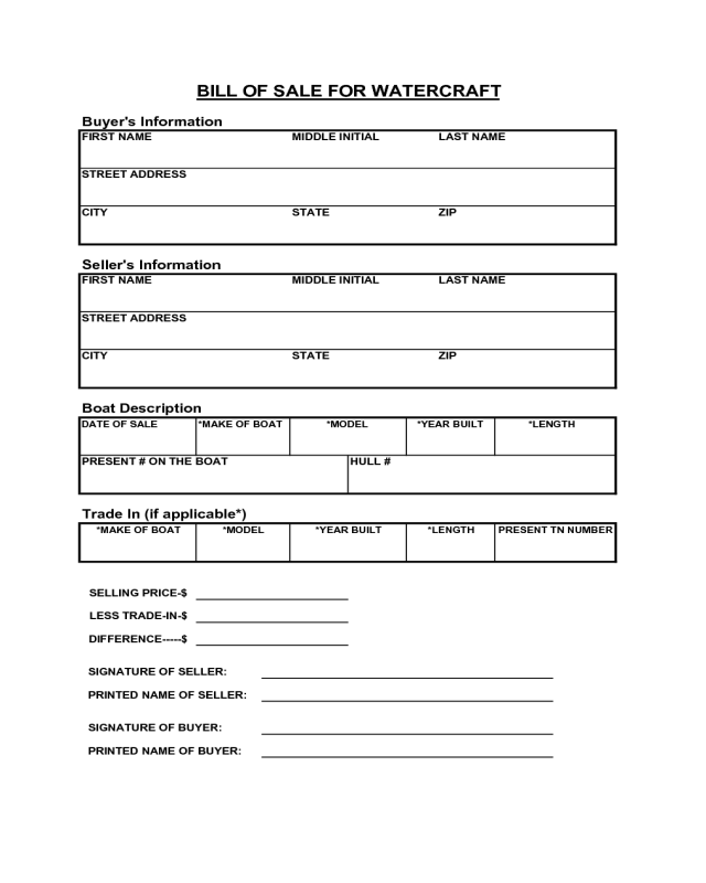 Watercraft Bill of Sale Form - Tennessee