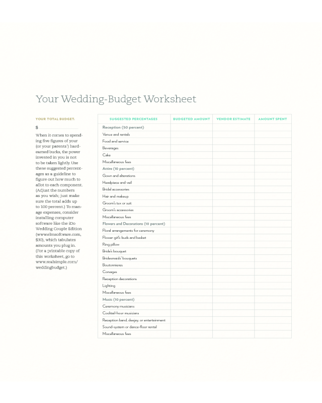Wedding Budget Worksheet