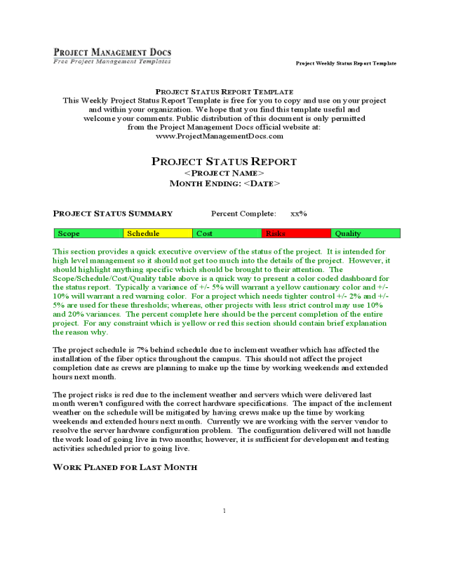 Weekly Project Status Report Template