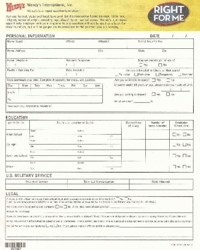 Wendy's Application Form