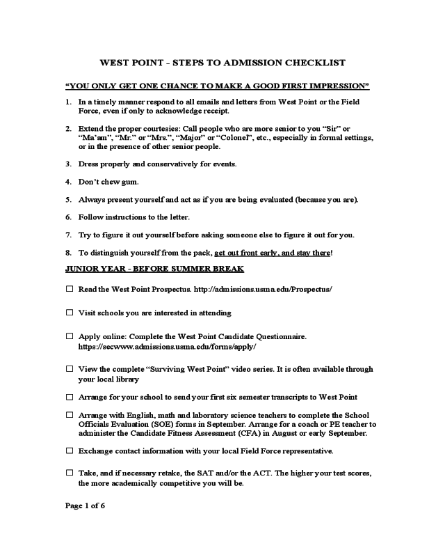 West Point - Steps to Admission Checklist