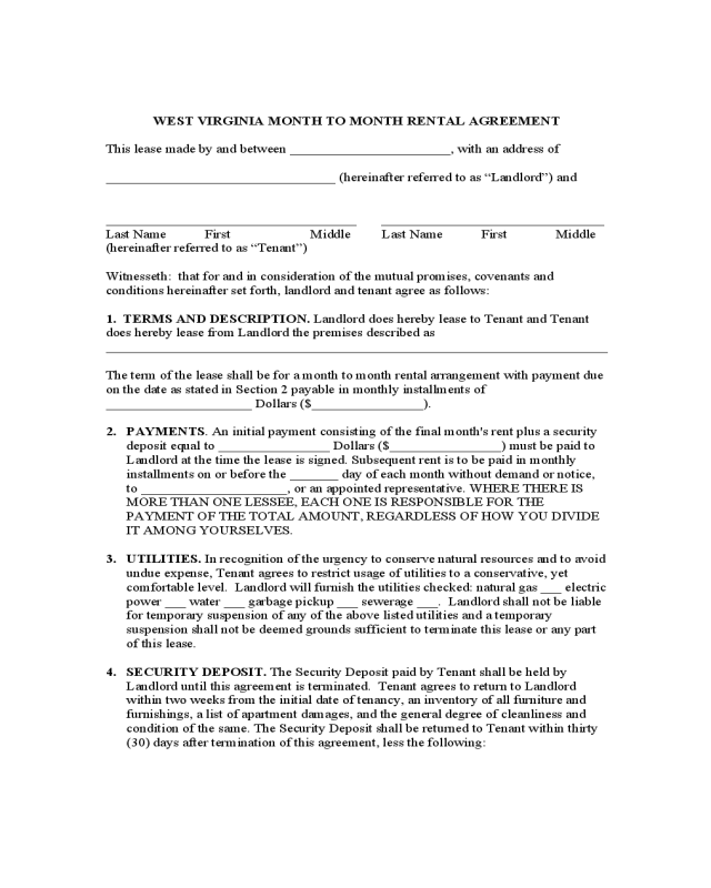 West Virginia Month to Month Rental Agreement