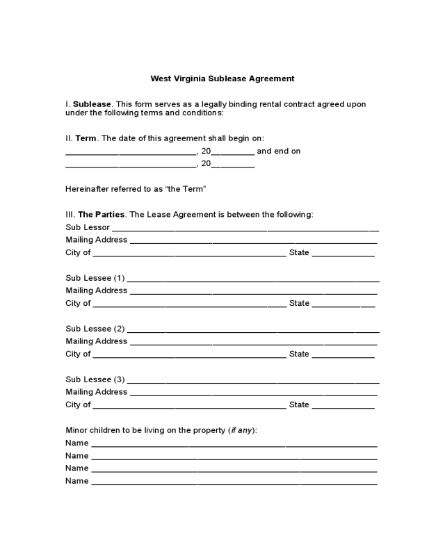 West Virginia Sublease Agreement Form