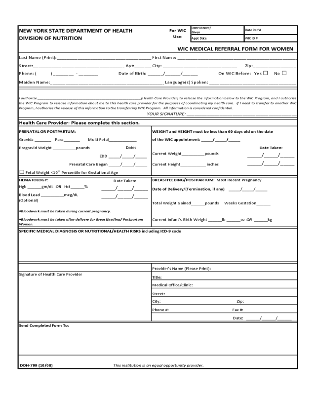 WIC Medical Referral Form for Women - New York