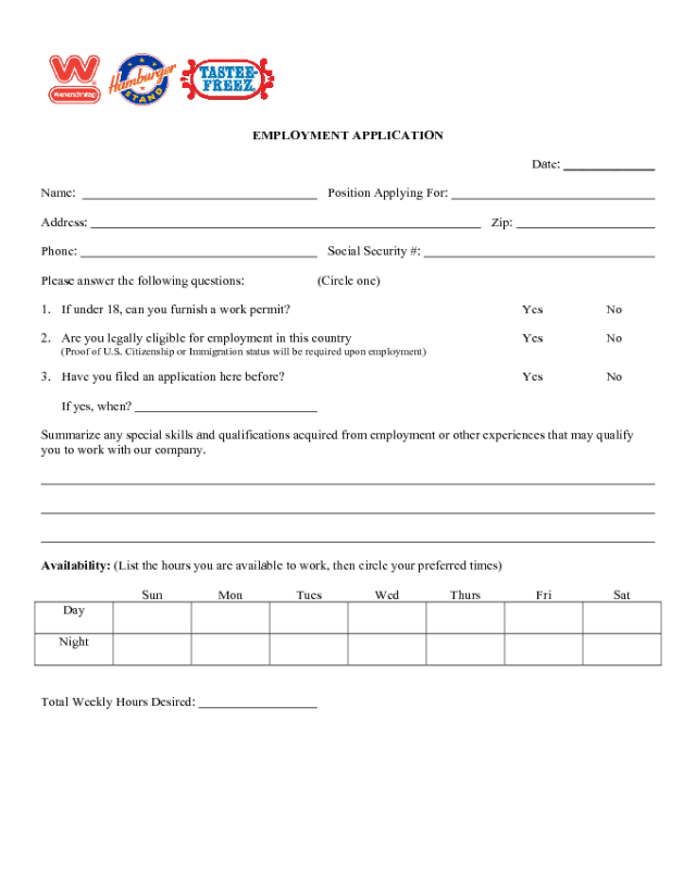 Wienerschnitzel Application Form