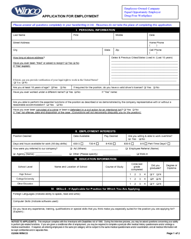 WinCo Foods Application Form