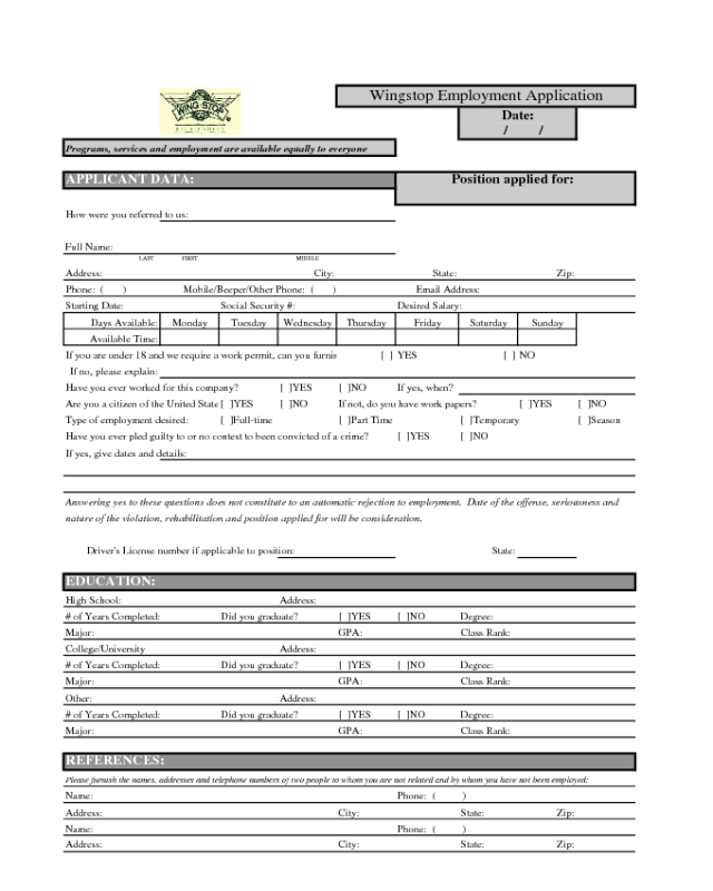 Wingstop Application Form