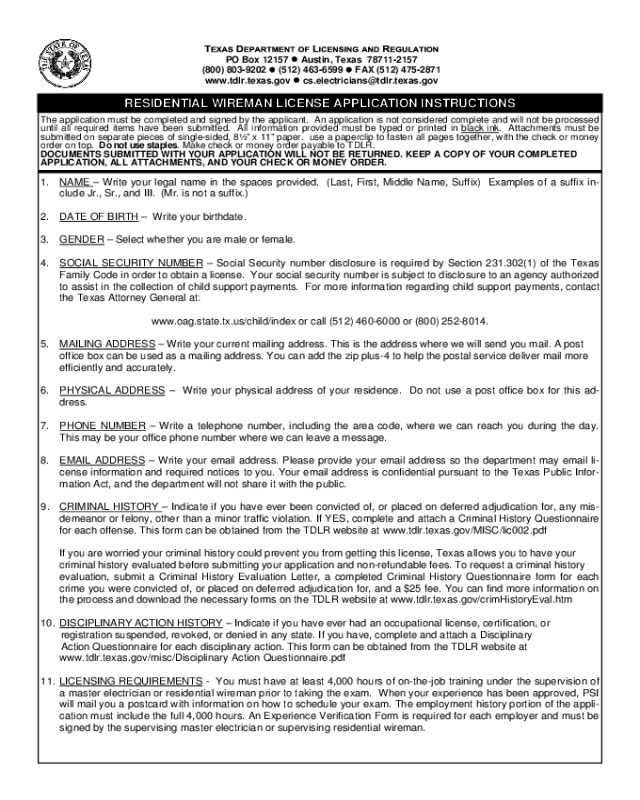 Wireman Licence Application Form - Texas