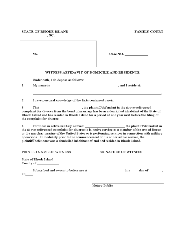 Witness Affidavit of Domicile and Residence - Rhode Island