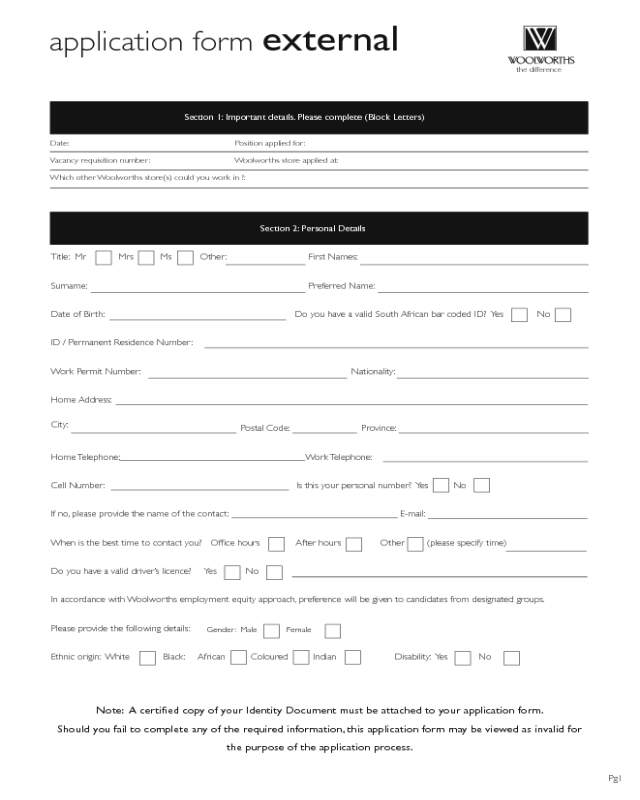 Woolworths Application Form