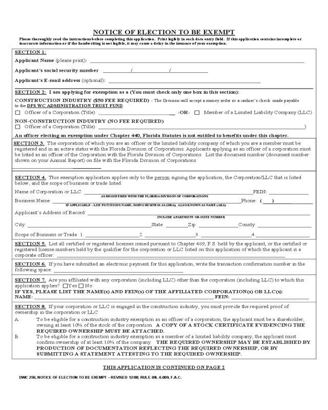 Workers Compensation Exemption Form - Florida