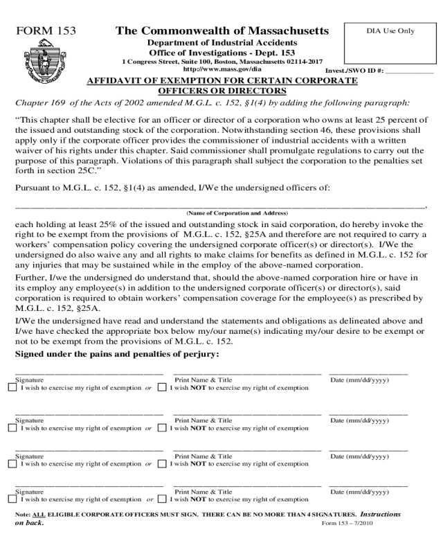Workers' Compensation Form - Massachusetts
