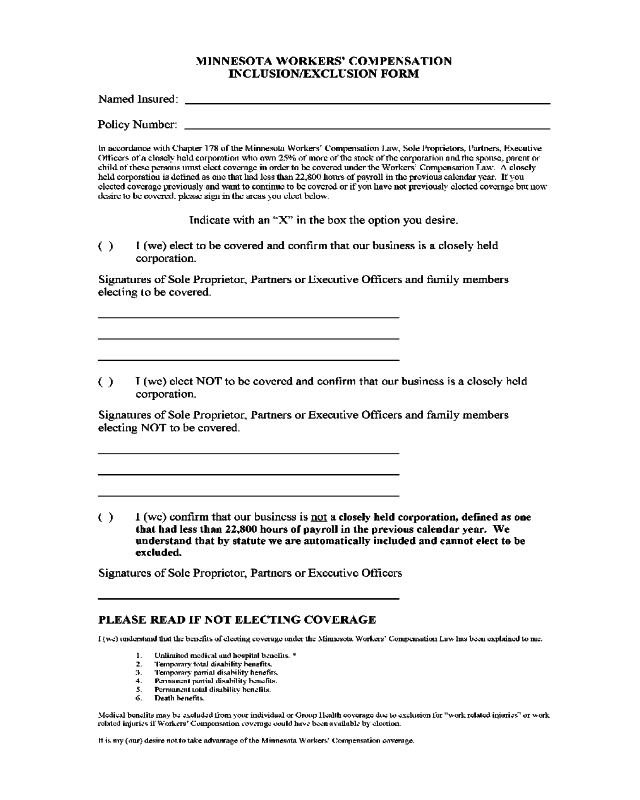 Workers Compensation Inclusion/Exclusion Form - Minnesota