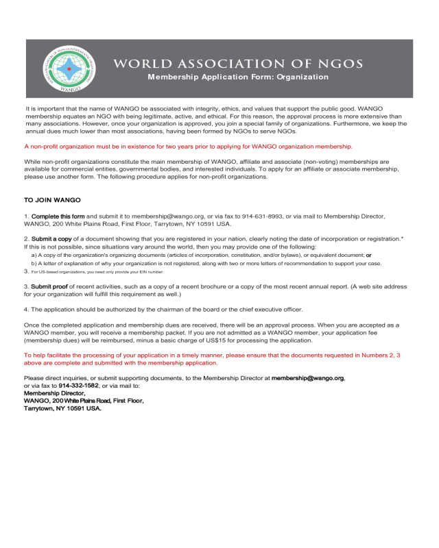 World Aassociation of NGOs Membership Aapplication Form: Organization