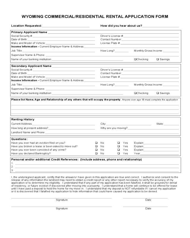 Wyoming Commercial/Residential Rental Application Form
