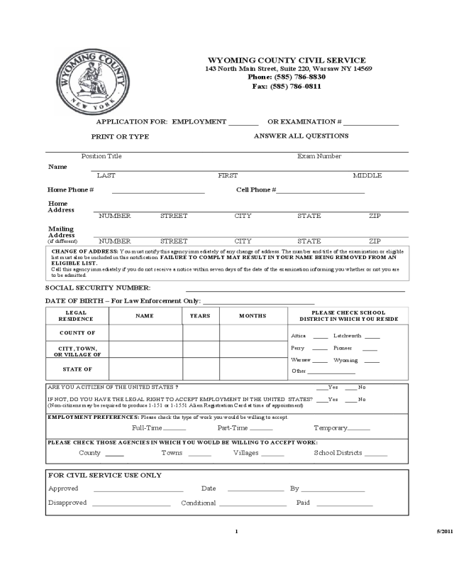 WYOMING COUNTY CIVIL SERVICE APPLICATION