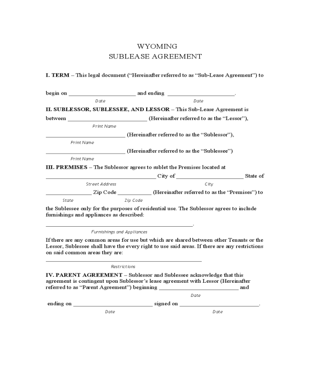 Wyoming Sublease Agreement Form