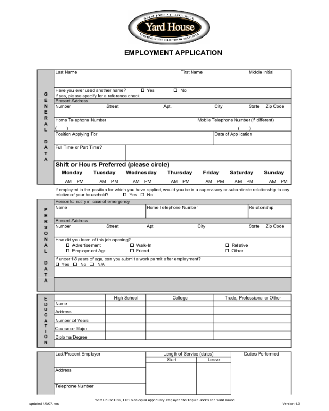 Yard House Application Form