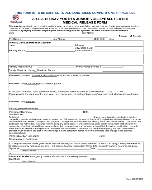 Youth and Junior Volleyball Player Medical Release Form