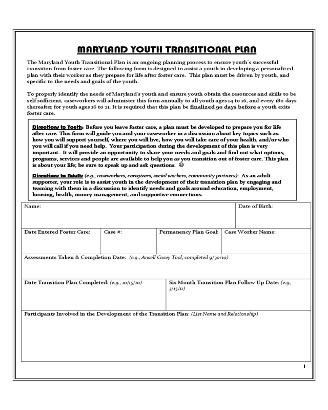 Youth Transitional Plan - Maryland