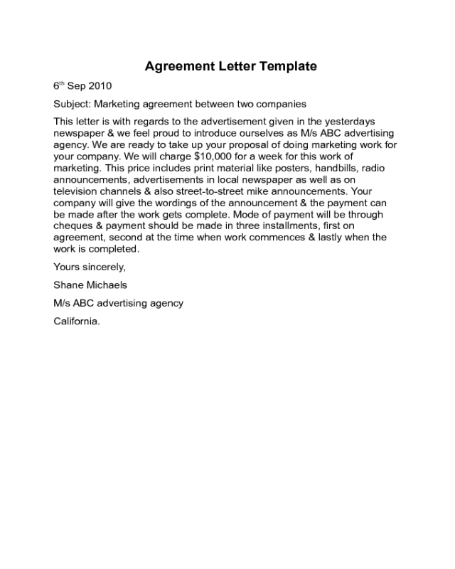 Agreement Letter Sample