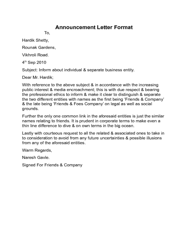 Announcement Letter Format